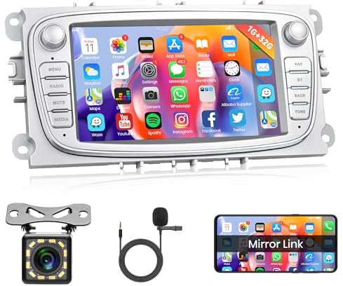 1G+32G Android 13 Autoradio 2 Din für Ford Focus II mk2 Mondeo S-Max C-Max Galaxy Kuga mit Navi GPS WIFI 7 Zoll Autoradio mit Mirror Link Bluetooth FM Radio DAB/OBD/DVR Lenkradsteuerung Rückfahrkamera