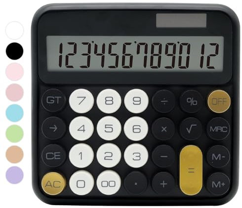 Schwarzer Taschenrechner, Standardrechner, 12-stellig, mit großem LCD-Display und großen Tasten, schwarz-goldenes Bürozubehör für Damen, niedlicher Taschenrechner für Büro, Schule, Zuhause, Geschäft