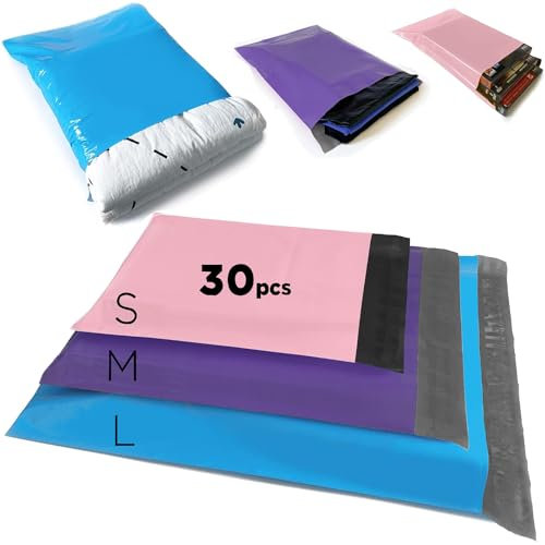 Enveloppe Plastique Expedition, 30pcs Pochettes d'Envoi Colis Vinted, Imperméable et indéchirable, Auto Adhésives, Opaques pour Vêtements, Chaussures, Livres(32X45 25X35 20X30, Bleu Violet Rose)