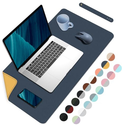 60 x 35 cm Reversible Office Desk Mat, Dual-Sided Desk Mat, Waterproof PU Leather Table Surface Protector Desk- Laptop Mat & Mouse Pad for Home & Office – Dark Blue+Yellow