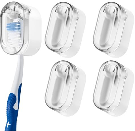 Qaestuan 5 Stück Zahnbürstenhalter Selbstklebend, Toothbrush Holder Wall Mounted mit Deckel, Zahnbürsten Halter Ohne Bohren, Zahnbürste Halterung für Alle Gängigen Aufsteckbürsten, Weiß