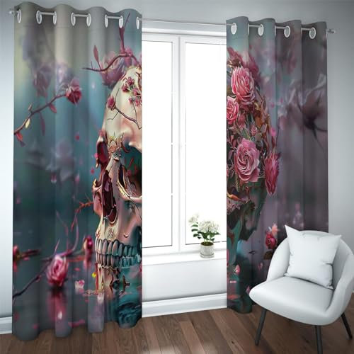 Deertweet Home Blumenvorhänge Rosa Rosen Fenstervorhänge Halloween Dekor Schädel Verdunkelungsvorhänge für Schlafzimmer Wohnzimmer Waschküche Vorhänge 2 Paneele H214xB168