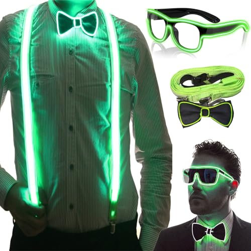 Leuchtende Herren-LED-Hosenträger und Fliege,LED-Leucht-Hosenträger,Verdrahtet Neon Rave Brille,für Musik Festival,Rave-Party,Weihnachten,Neon-leuchtendes dunkle Party Supplies für Party deko