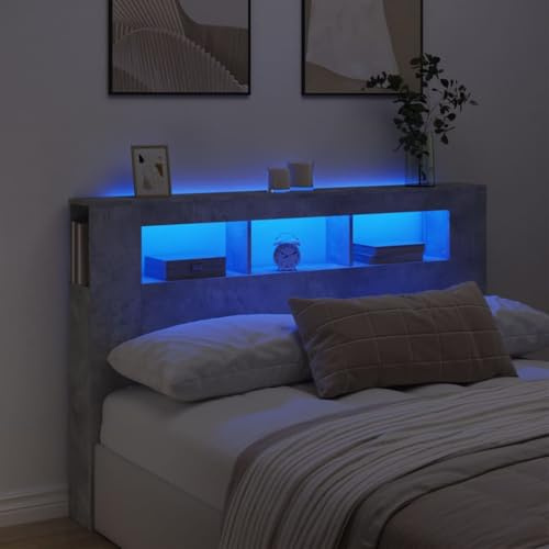 Hovothy Tête de lit LED - Tête de lit moderne avec éclairage LED RGB - Excellent support - Meuble pour la chambre à coucher - Design élégant - Gris béton - 160x18,5x103,5 cm