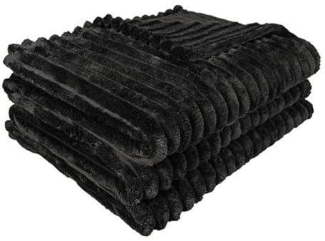 oceanevo Ribbed Cord Chunky Throw Fluffy Fleece Faux Fur Velvet Toch Plush Cozy Soft Blanket For Sofa Bed Settee Couch Chair (Black, King- 200 X 240cm)
