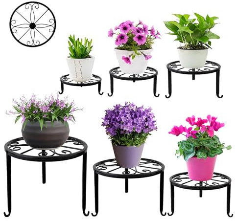 Lot de 6 supports de plantes en métal robuste pour plusieurs plantes, étagère de pot de fleurs d'extérieur anti-rouille, support rond pour plantes d'extérieur/intérieur, salon, balcon (6 pièces)