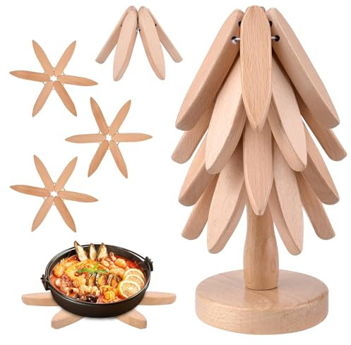 Dessous de Plat en Bois pour Plaque Chaude avec Support, en Forme d'arbre, Lot de 4 Supports Isolants en Bois Pliables pour Plats Chauds, Protège-Table Décoratif pour Casseroles, Théières et Fondue