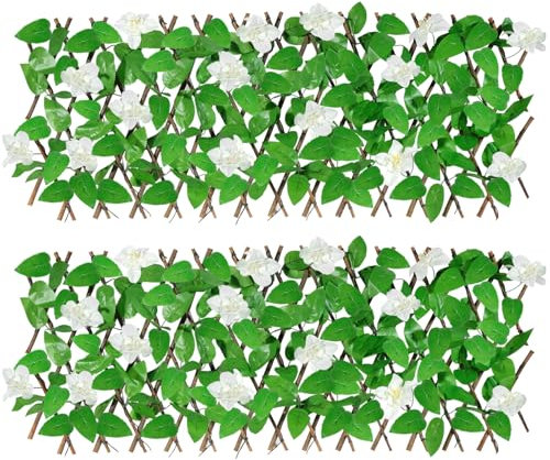 2Pack Künstliche Hecke erweiterbarer Zaun mit weißen Blumen,280cm Ausziehbar Größe Sichtschutzzaun Gartenzaun Sichtschutz für Garten, Balkon, Outdoor