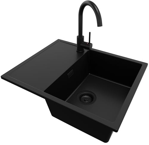 PRIMAGRAN Granitspüle ab 45er Unterschrank + Küchenarmatur, 62x50cm | Set: Küchenarmatur BW5010 + Ablauf-Set (Siphon, Ablaufgarnitur, Überlauf) + Spülbecken 1 Becken - Ibiza, Alles Schwarz