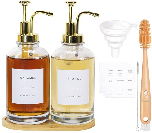 Kaffee Sirup Spender Glas Set, Kaffeesirup Pumpspender mit Goldenen Pumpe, 2 Stück Glassirupflasche mit 36 Etiketten und Flaschenbürste, Trichter, Tablett, 16,9 oz 500 ml