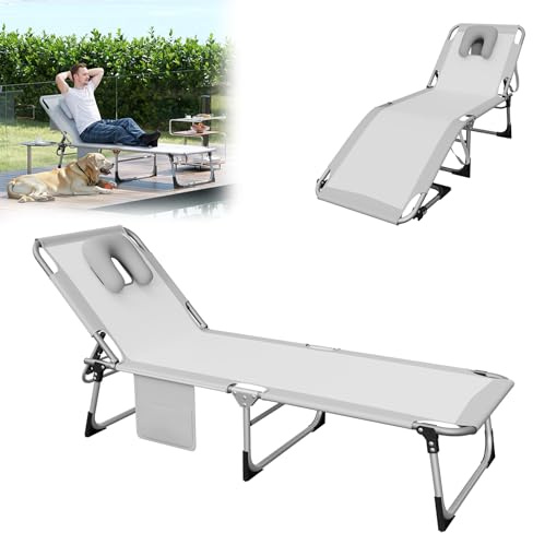 UISEBRT Gartenliege Klappbar mit Gesichtsöffnung & Kopfkissen, Liegestuhl mit Verstellbarer Rückenlehne für Garten, Balkon & Strand, Sonnenliege Relaxstuhl Campingliege bis 160kg, Hellgrau