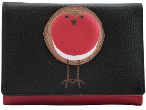 Mala Leather Bobbie Robin Bird Compact Tri-Fold Purse Genuine Leather Wallet – RFID Protected – 9 Card Slots, ID Window, Coin Section – 11 × 8 × 3 cm – Black & Red