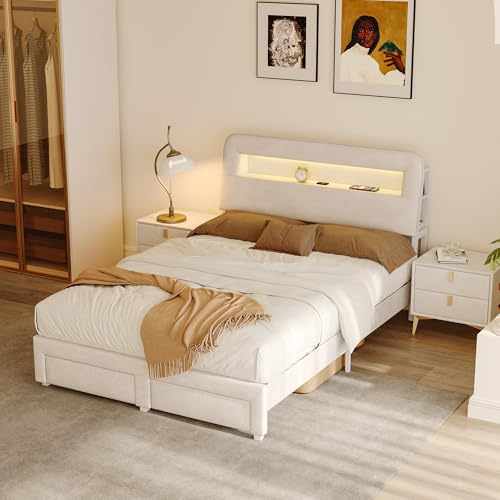DULRLLY Bett 140x200 cm mit Stauraum, Polsterbett Doppelbett mit Schubladen, Kopfteil mit LED und USB-Anschlüssen,Jugendbett Stauraumbetten für Erwachsene und Jugendliche, Ohne Matratz