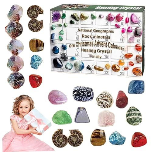 Muzrunq Weihnachts-Adventskalender 2024, 24 Tage, Kristall-Adventskalender 2024, 24 Gitter, Kristall, Stein, Mineralien, Fossilien, Weihnachts-Countdown, Enthusiasten, Rock-Kollektion