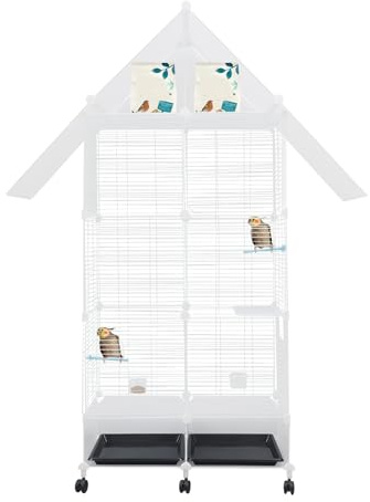 Großer Vogelkäfig mit 6 Rollen Bremsen, Vogelkäfig mit Dach, Geräumiger Käfig für Wellensittiche, Kanarienvögel Nymphensittiche, inkl. Zubehör, 74x37x163cm, weiß