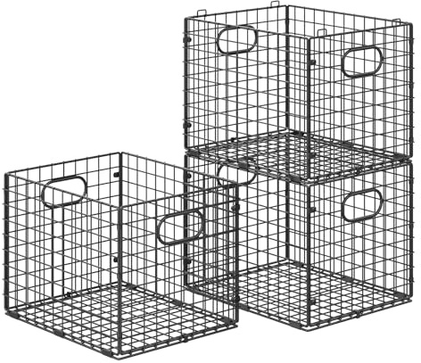 3-Pack Metal Milk Crate for Storage, Large 40qt Stackable Collapsible Storage Bins with Handle, Heavy Duty Storage Baskets for Shelves, Folding Basket Organizer for Car, Garage, Home, Camping, Office