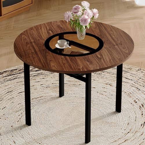 Modernes Rundtisch-Set mit 4 Sesseln – Minimalistisches Esstisch-Gruppe mit Glasregal und rutschfesten Füßen – Ergonomische PU-Leder Sitzschalen und stabilem Metallgestell für Esszimmer (Braun,1)