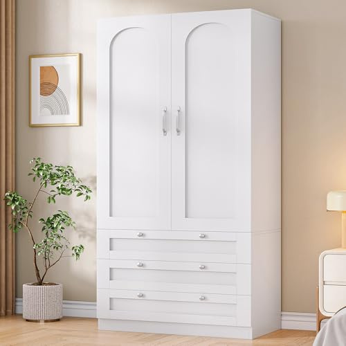 Hzuaneri Kleiderschrank 180 cm, Kleiderschrank mit 2 Türen und 3 Schubladen, Drehtürenschrank mit 2 Ablagefächern und Kleiderstange,Geeignet für Schlafzimmer, Weiß, BW08803E