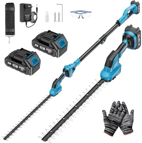 Tagliasiepi con Asta Telescopica, 2 in 1 Potatura Elettrico Tagliasiepi | 2,65 M con Motore da 550 W, 2 * 4000 mAh Batterie, Tracolla, Occhiali e Guanti per Tagliare Giardini, Arbusti, Rami