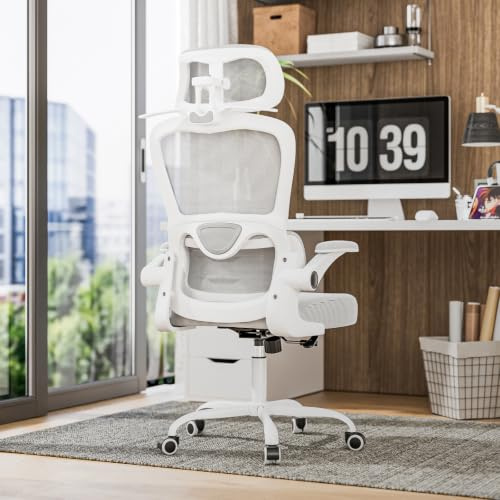 Farini Schreibtischstuhl mit Kleiderständer Bürostuhl Ergonomisch mit Verstellbarer Kopfstütze, Office Chair Chefsessel mit Armlehne, Gaming Stuhl mit Rollen, Weiß Grau