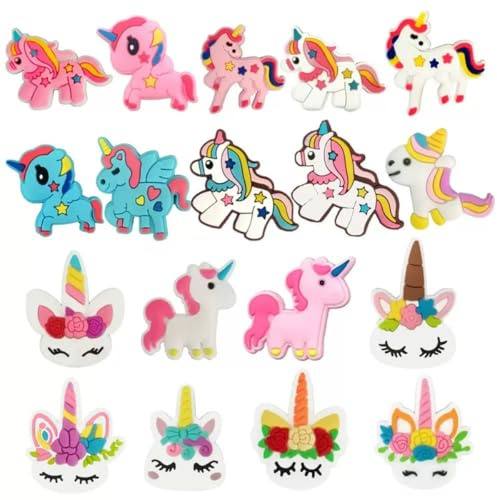 TSUOUKL 18 Stück Einhorn Schuh Charms für Crocs, 1er Set (18 Zauber-Designs), 3D Einhorn Anstecker (Regenbogen, Sterne, Herzen) für Damen Mädchen Kinder, DIY Deko für Clogs, Geschenk zum Geburtstag