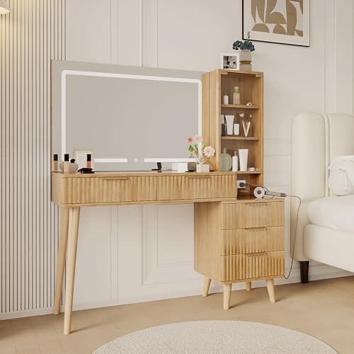HIMAugbo Moderner Schminktisch, 120cm mit 90cm Spiegel & 3 Farblichtern. 5 Schubladen, offene Ablagen, Glas-Tischplatte Ladestation - Oak Natural