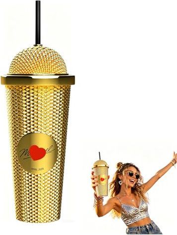 Movie Inspired Microphone Tumbler with Lid And a Straw Creative Electroplated Screw Shape Gold Microphone Bouncing Coffee Cup Merchandise for Both Cold And Hot Insulated Drink Water Cup for Fan Gifts