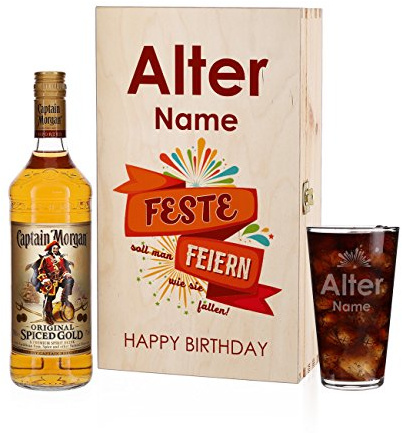Herz & Heim® Captain Morgan Geschenkset zum Geburtstag mit Namensgravur auf dem Longdrinkglas