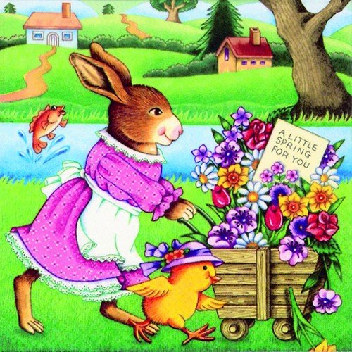 20 Servietten Osterszene Blumenwagen/Blumen/Frühling/Ostern 33x33cm