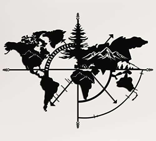 DEKADRON Metall Weltkarte Wandkunst Weltkarte Berge, Wand-Silhouette Metall Wanddekoration Büro Dekor Schlafzimmer Wohnzimmer Dekoration (Schwarz, 98 * 75 cm)