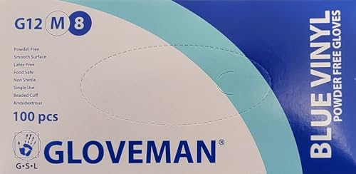 GLOVEMAN Blue Vinyl Gloves, Powder & Latex Free, 100 Gloves Per Box - Size MEDIUM - Food Safe - New