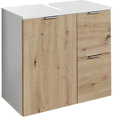 trendteam smart living - Concept One - Waschbeckenunterschrank - Weiß/Asteiche - Waschtisch 1 Tür, 2 Schubladen - (BxHxT) 60 x 64 x 34 cm - chromfarbene Metallgriffe - Kratzfest