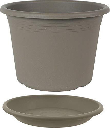 MePla - Blumentopf Pflanzkübel Cylindro ø15 cm + Untersetzer ø14 cm, Taupe, wetterfest aus UV-beständigem Kunststoff