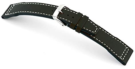 RIOS1931 Fliegerband Rindsleder Uhrenarmband handgemacht in Deutschland Robust 20mm Schwarz Weiße Naht