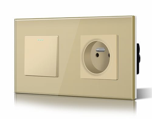BSEED Interrupteur à Bascule Interrupteur Verre et 16A AC Prise standard français Vitre en Verre 1 Gang 2 voie Interrupteur Mural Or