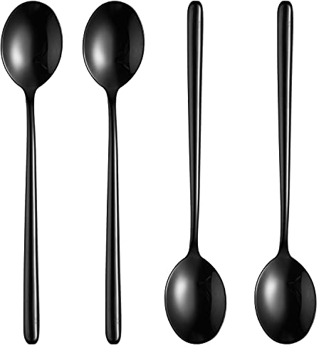 Lot de 4 cuillères à soupe coréennes en acier noir à long manche, 22 x 4 cm