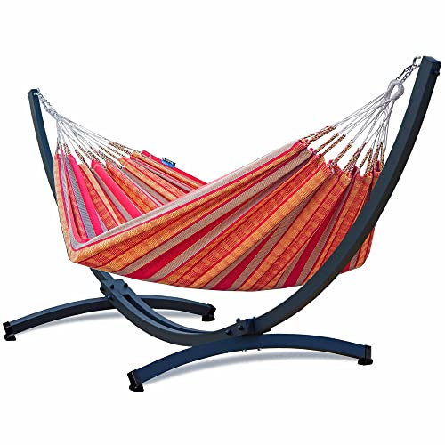 Potenza Outdoor Hängematte mit Tytan Gestell für 2 Personen I 100% Baumwolle Pereira Doppelhängematte 230x160 cm, 200kg I Hängemattengestell 350kg, wetterfest (Mandarin, Basic Gestell Graphit)