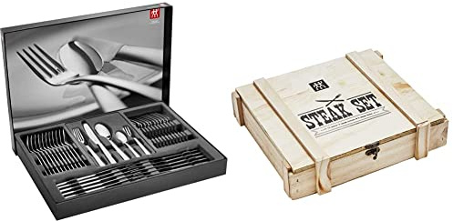 Zwilling 1000950 Besteck-Set,60-tlg.,Für 12 Personen,18/10 Edelstahl/Hochwertiger Klingenstahl,Mattiert/poliert,Roseland & 07150-359-0 Steak Besteckset in rustikaler Holzbox, Edelstahl, 12-teilig