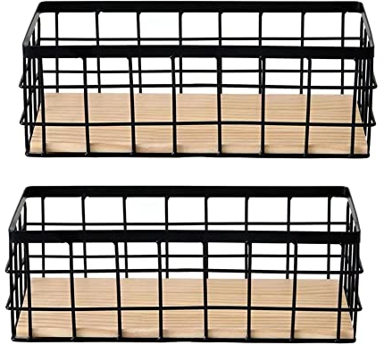 Povxlum Cestino Portaoggetti nel Metallo da 2 Pezzi con Base nel Legno, Cestini Decorativi per La Conservazione Della Casa, Cesto nel Filo Metallico per Organizzare Piccole
