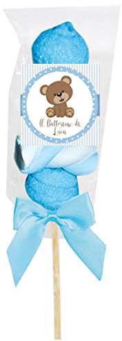 Spiedini di Marshmallow con tag personalizzabili kit fai da te grafica a scelta per caramellata regalini fine festa compleanno comunione nozze (Battesimo orsetto celeste)
