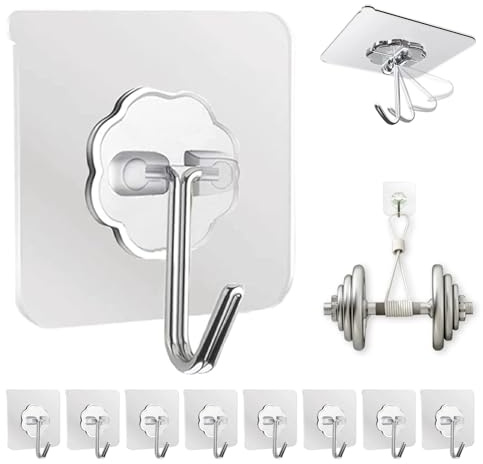 DDMY Adhesive Wall Hooks Clear 50lb(Max) Heavy Duty Hanging Sticky-10 Pack