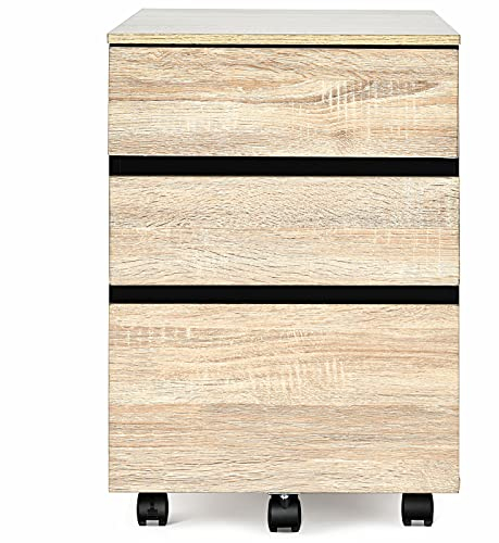 GIANTEX Rollcontainer auf Rollen, Aktenschrank 3 Schubladen, Büroschrank Dokumente Schrank rollbar mit Bremsen, Bürocontainer Aufbewahrungsschrank mit Anti-Kipp-Design, Rollschrank Natur