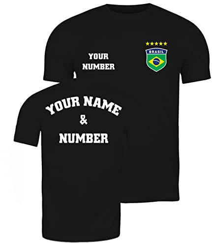 lepni.me T-Shirt pour Hommes de Football du Brésil avec Votre Nom et Numéro | Drapeau Brésilien Insigne Personnalisé Coupe du Monde 2022 (L Noir Multicolore)