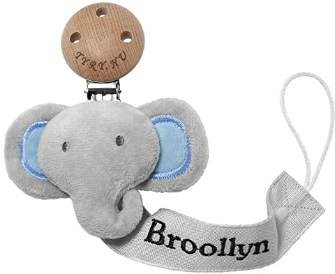 TYRY.HU Schnullerkette mit Namen Jungen Mädchen Personalisierte Schnullerband Holz Clip Baumwolle Schnuller Clips für Neugeboren Elefant