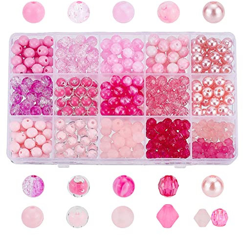 PH PandaHall 430pcs Perles roses en acrylique, 16 styles Perles Intercalaires Assorties Roses Grosses boules de chewing-gum Perles rondes lisses pour bracelet collier bijoux d'été