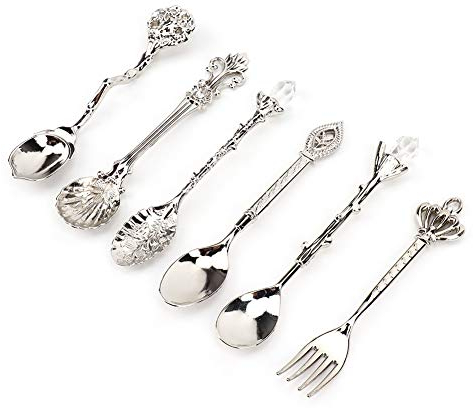 Cucchiaino da caffè Intagliato Vintage, 6 Pezzi/Set Cucchiaino da tè retrò in Lega di Zinco da Dessert Cucchiai da Tavola da caffè Posate da Cucina (Argento (Manico forchetta Corona))