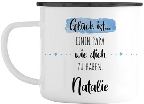 Personalisierter Emaille Becher „Glück ist einen Papa wie dich zu haben“ mit eigenen Namen. Das perfekte Geschenk zum Vatertag, Geburtstag, Geschenk, Liebe, Emaille Tasse (Rand: Schwarz)