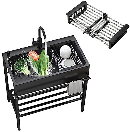 Duchunsheng Fregadero De Cocina Independiente Negro, Portatil Fregadero Exterior Jardin Mueble Pila Lavadero, 304 Acero Inoxidable con Grifo,Pies Ajustables, Escurridor, 1 Seno Fregadero Comerciales