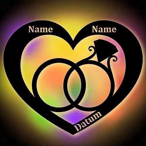 Urhome Stimmungslicht Holz Herz mit Eheringe LED RGB Farbwechsel USB + Fernbedienung - Name Paar Datum personalisiert - Schlummerlicht Nachtlicht Wandleuchte für Braut zur Verlobung Hochzeitstag
