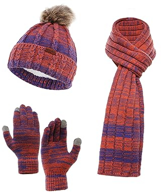 NATUST Mütze Schal Handschuhe Set Damen Winter Dickes Strickset Weiche Warme Gestrickt Langer Schal Touchscreen Handschuhe Orange